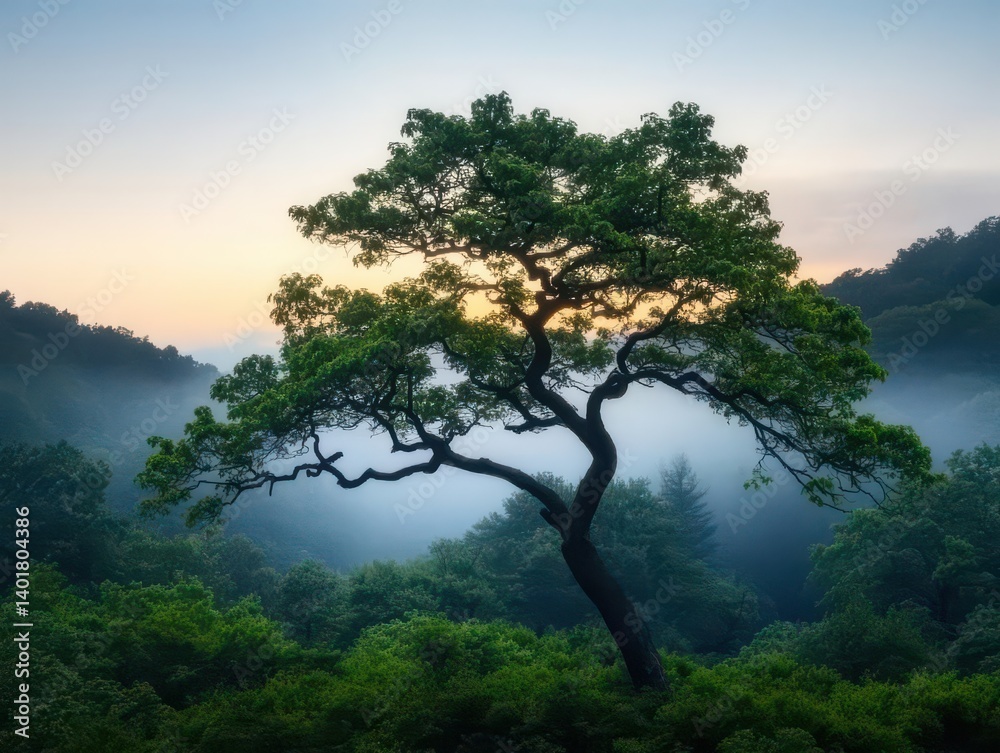 Fototapeta premium Majestic Tree Standing Alone in Lush Green Forest Surrounded by Dense Foliage and Sunlight Creating a Tranquil and Enchanting Natural Scene