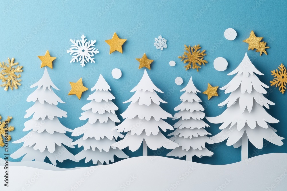 Decorative paper cutout trees with golden stars and snowflakes in a winter setting Decorative paper cutout trees with golden stars and snowflakes in a winter setting