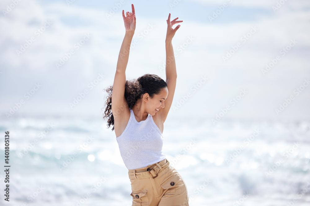 Woman, freedom and dancing on beach with travel for adventure, celebration and summer vacation on mockup. Person, happy and carefree with energy for holiday fun, enjoyment and entertainment by ocean Woman, freedom and dancing on beach with travel for adventure, celebration and summer vacation on mockup. Person, happy and carefree with energy for holiday fun, enjoyment and entertainment by ocean