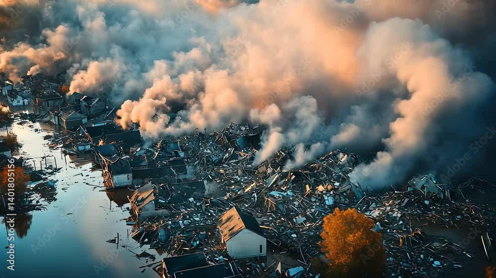 Devastating Fire Aftermath with Smoke and Destruction of Buildings in a Ruined City Area


