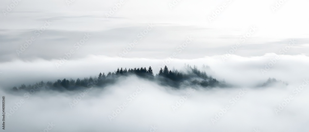 Fototapeta premium A serene view of trees emerging from soft, misty clouds.