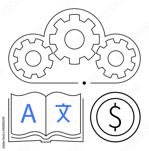 Cloud gears represent technology open book with multilingual letters indicates translation dollar sign suggests finances. Ideal for cloud computing, automation, translation, globalization, fintech