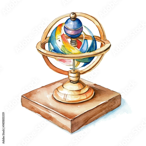 Spinning Gyroscope Toy, vector watercolor illustration, isolated on a white background.