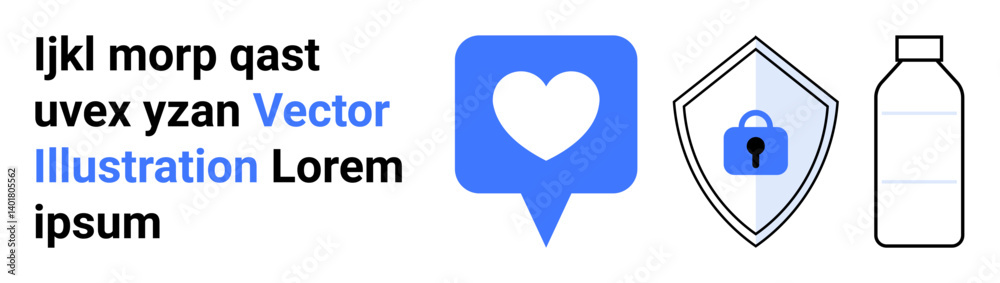 Heart in blue chat bubble, shield with lock icon, and water bottle design. Ideal for communication, social media, security, health, well-being, hydration flat landing page banner Heart in blue chat bubble, shield with lock icon, and water bottle design. Ideal for communication, social media, security, health, well-being, hydration flat landing page banner