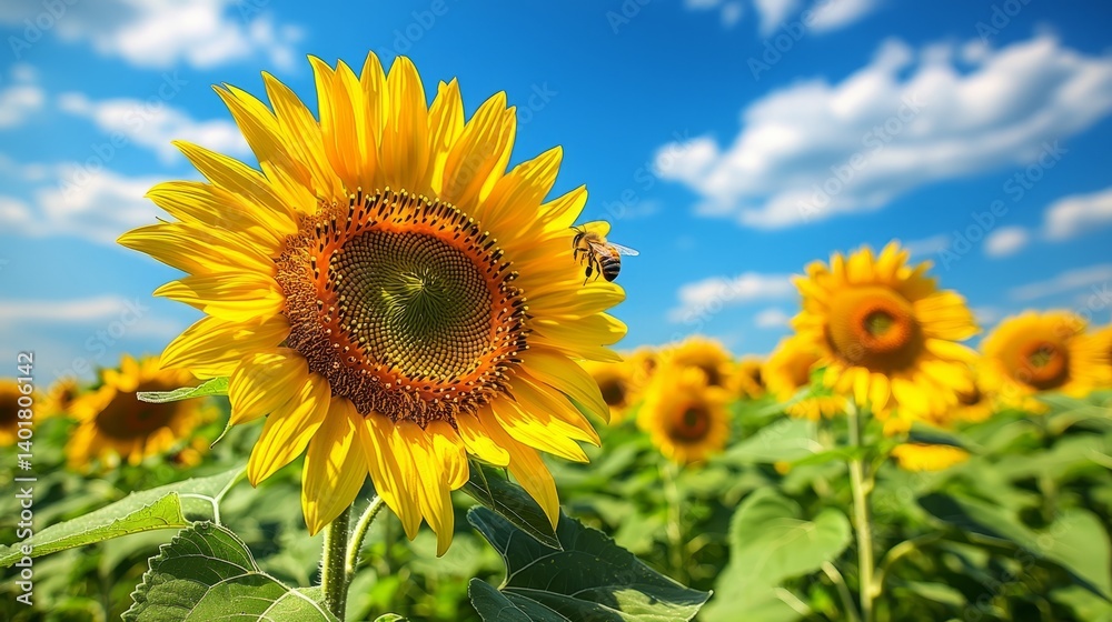 Vibrant Sunflower Field Under Bright Blue Sky with Flying Bee Vibrant Sunflower Field Under Bright Blue Sky with Flying Bee