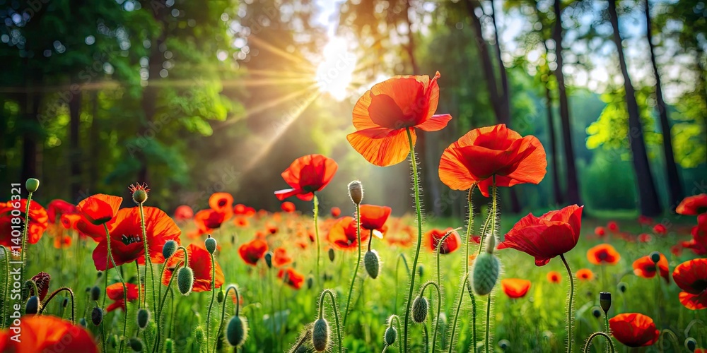 Fototapeta premium Minimalist Red Poppies Meadow | Wildflower Field Photography | Vibrant Poppy Bloom