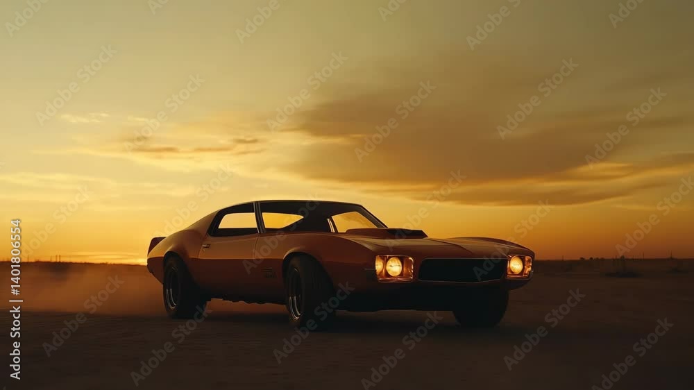 Classic Muscle Car at Sunset in Desert Classic Muscle Car at Sunset in Desert