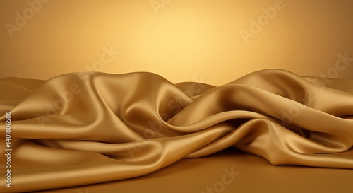 Luxury golden silk fabric draped with soft folds for background elegance
