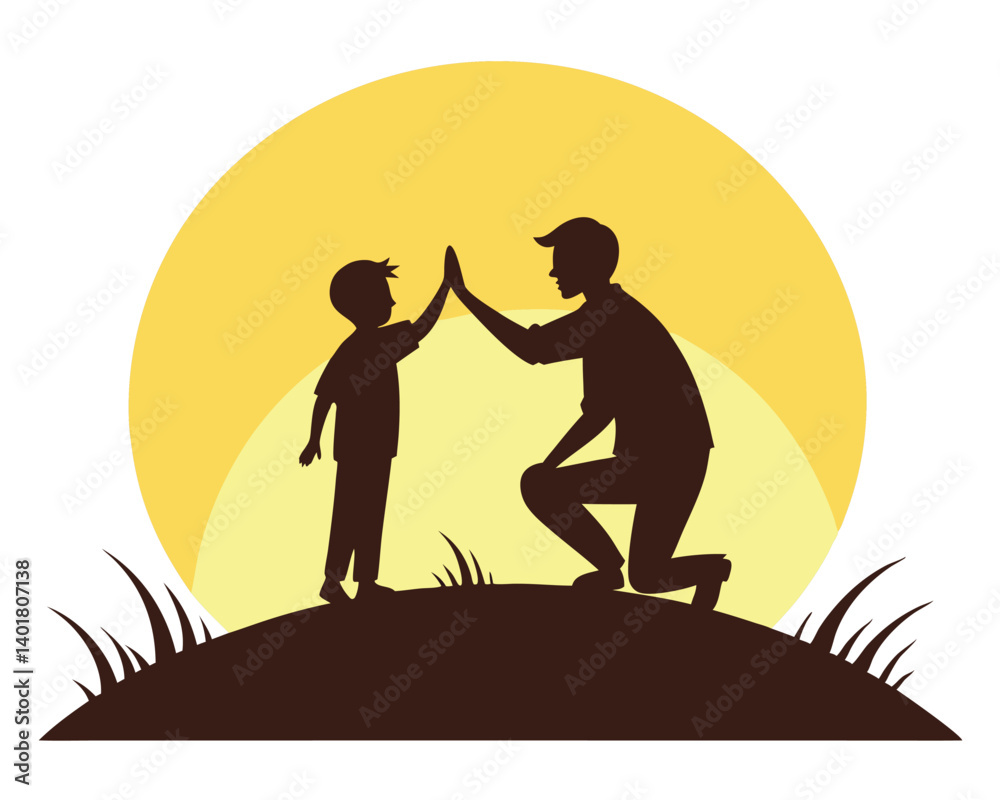 Father's Day Graphic: Father and Child High Five Silhouette on Hill with Sun Father's Day Graphic: Father and Child High Five Silhouette on Hill with Sun