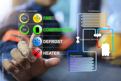 Φωτογραφία The refrigeration and air conditioning engineer is controlling the building's cooling system through the dashboard by pressing the compressor control button to turn it on and start cooling