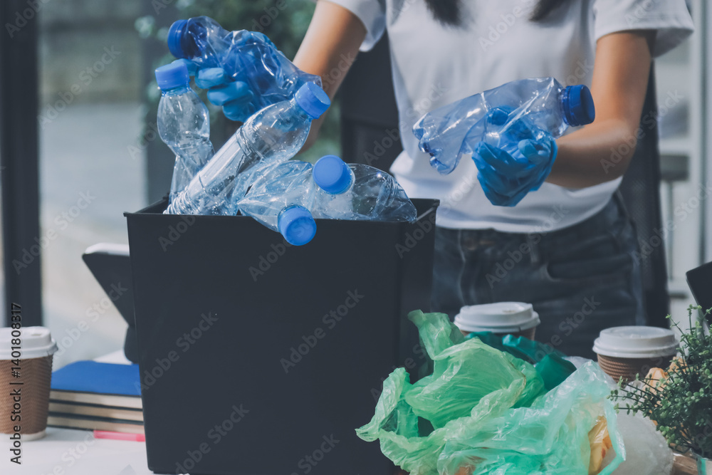 custom made wallpaper toronto digitalClose-up of female hands from a family collecting plastic waste and bottles from the ground. They wear gloves and focus on recycling to help reduce plastic pollution and protect the environment.