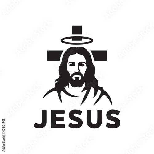 Depiction Of Jesus Christ With Cross And Halo Black And White Vector