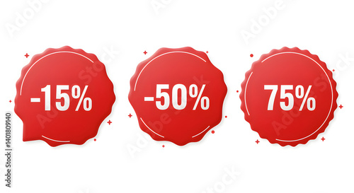 Three red badges with different discounts: -15%, -50%, and 75%, perfect for advertising sale events and promotions with eye-catching visuals.