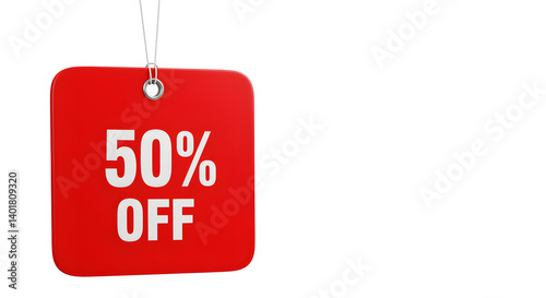 A vibrant red tag suspended by string announces a 50% off discount in bold, white text. The offer is clear and inviting to shoppers.