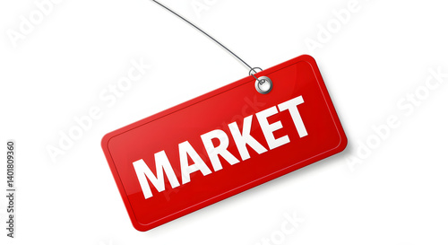 A vibrant red tag, suspended by a delicate silver string, boldly displays the word MARKET in clean, white lettering. Symbolizing sales.