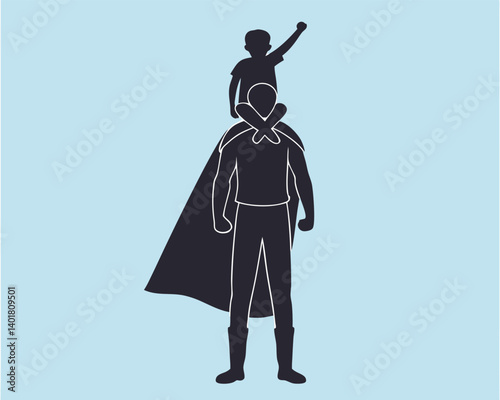 Superhero Dad with Child on Shoulders Silhouette and Cape