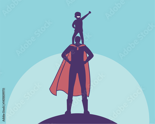 Superhero Dad with Child on Shoulders Silhouette and Cape