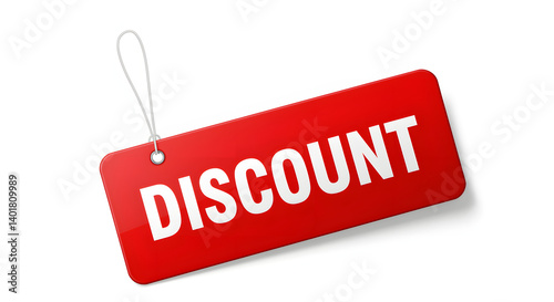 A vivid red discount tag with white lettering floats against a stark white backdrop, symbolizing savings and promotional offers.