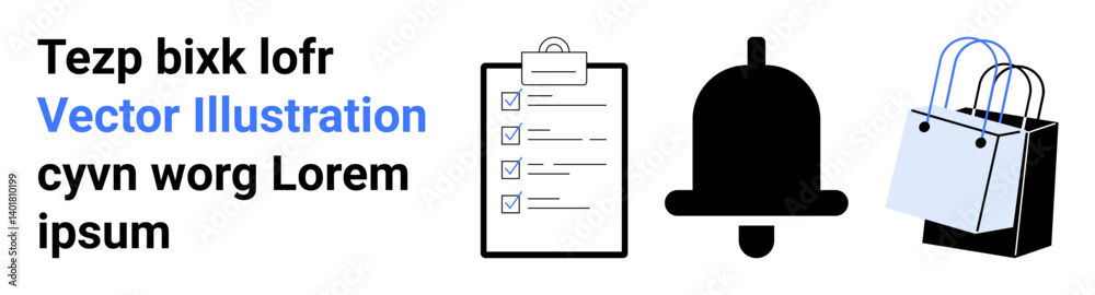 Checklist with marked tasks, bold notification bell, and shopping bags with curved handles. Ideal for task tracking, reminders, e-commerce, productivity, shopping, notifications flat landing page Checklist with marked tasks, bold notification bell, and shopping bags with curved handles. Ideal for task tracking, reminders, e-commerce, productivity, shopping, notifications flat landing page