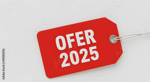 This image depicts a red tag against a white background, showcasing an offer for 2025. Minimalist design with a focus on promotion.