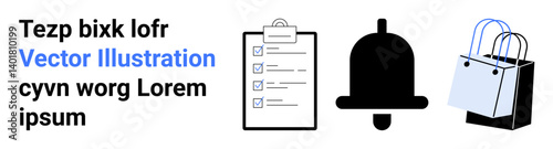 Checklist with marked tasks, bold notification bell, and shopping bags with curved handles. Ideal for task tracking, reminders, e-commerce, productivity, shopping, notifications flat landing page