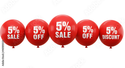 Festive 5% off balloons signal a sale. The red helium balloons display the discount on a white background, marketing specials.
