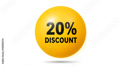 A vibrant yellow sphere advertises a 20% discount, highlighting a promotional offer against a clean white backdrop.