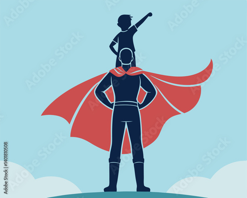 Superhero Dad with Child on Shoulders Silhouette and Cape