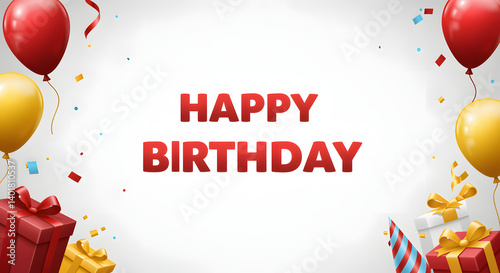 Festive birthday celebration scene with balloons, gifts, confetti and a party hat against a white background, conveying joy and festivity.