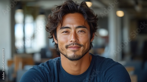 A smiling, handsome man gazes directly forward, with stylish wavy hair