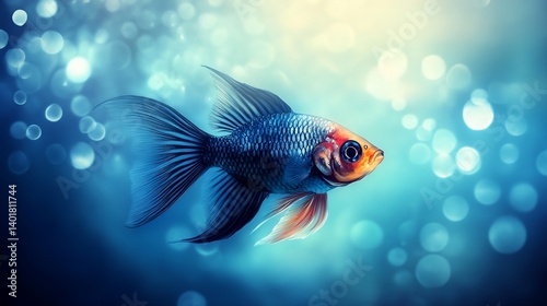 Blue fish swims in aquarium, bokeh background, pet