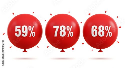 Red Balloons with Percentages: Three inflated red balloons display percentages 59%, 78%, and 68%, set against a clean white background.