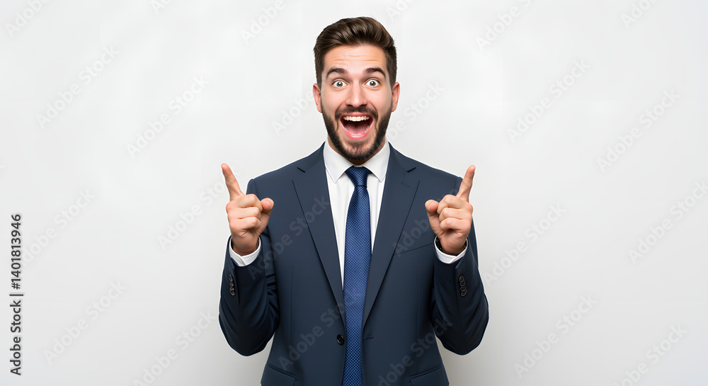 Enthusiastic businessman in a suit pointing upwards with excitement, radiating positivity and highlighting an important message. White background. Enthusiastic businessman in a suit pointing upwards with excitement, radiating positivity and highlighting an important message. White background.