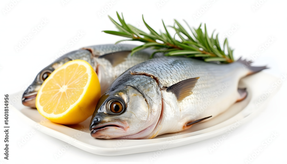 Two silver fish are plated with a halved lemon and a sprig of rosemary, set against a clean, white background, ready for cooking and eating. Two silver fish are plated with a halved lemon and a sprig of rosemary, set against a clean, white background, ready for cooking and eating.