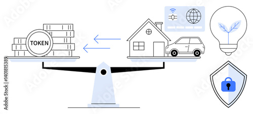 Digital tokens and real estate are balanced on a scale, indicating asset tokenization. Ideal for finance, blockchain, investment, technology, security, innovation and digital transformation. All in