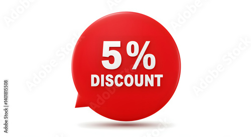 A red speech bubble displays a promotional offer of '5% DISCOUNT' in bold, white letters, indicating a price reduction in a simple, eye-catching design.