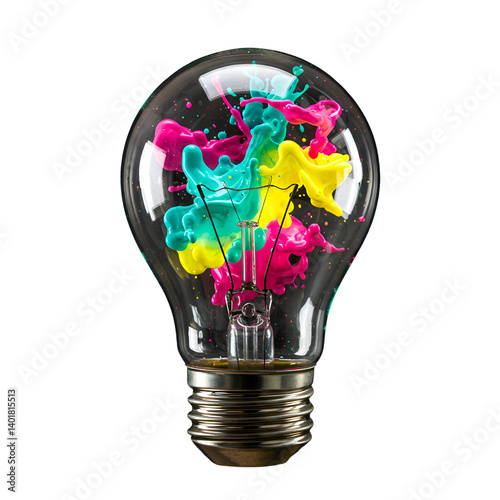 Abstract close-up of transparent light bulb with swirling paint in turquoise, magenta, and yellow – vivid fluid art meets technology