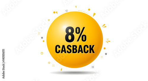 Bright yellow sphere promoting an 8% cashback offer, surrounded by playful geometric shapes, all set against a clean white background.