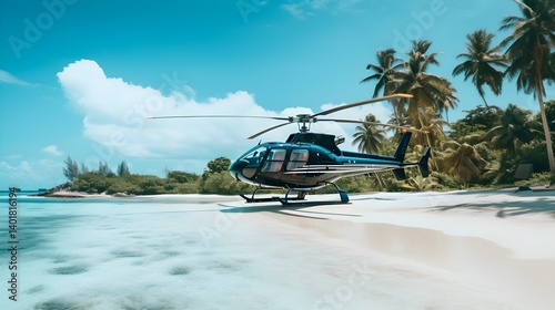 Luxury Helicopter Landing on Tropical Beach