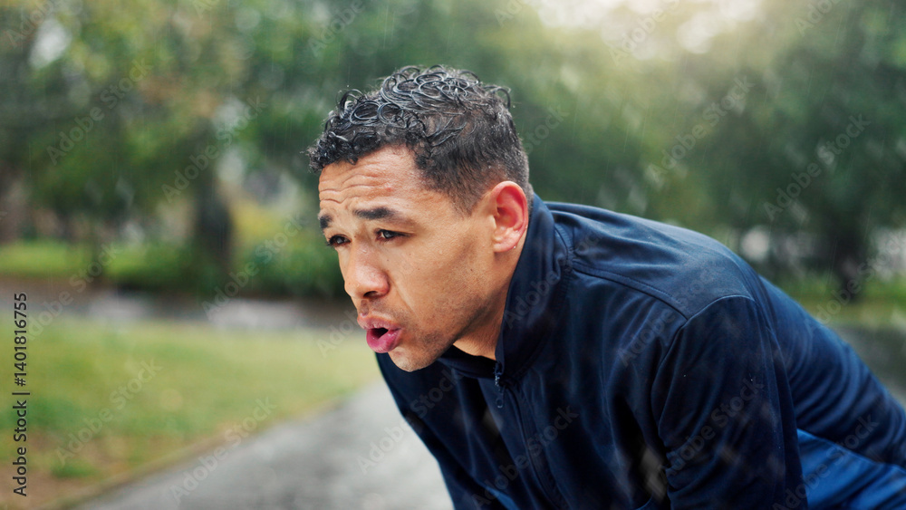 Athlete, man and tired with breathing at park for running fatigue, performance recovery and cardio challenge. Runner, person and rest in rain with fitness break, burnout and overworked with training Athlete, man and tired with breathing at park for running fatigue, performance recovery and cardio challenge. Runner, person and rest in rain with fitness break, burnout and overworked with training