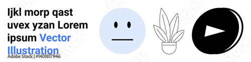 Neutral face emoticon, line-drawn potted plant, and play button icon in clean minimalist style. Ideal for communication, emotions, media, nature, design, branding content flat landing page banner