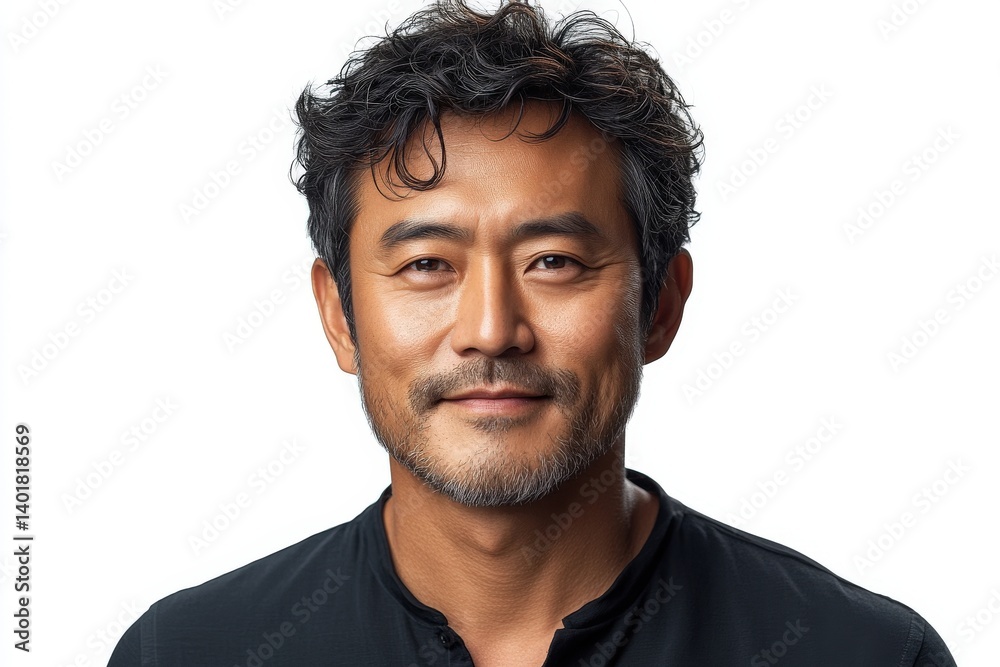 Obraz premium Asian man with wavy dark hair, light stubble, and a black shirt on white