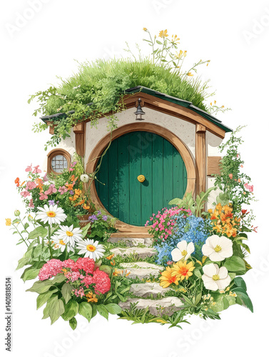 Charming hobbit house with blooming flowers.