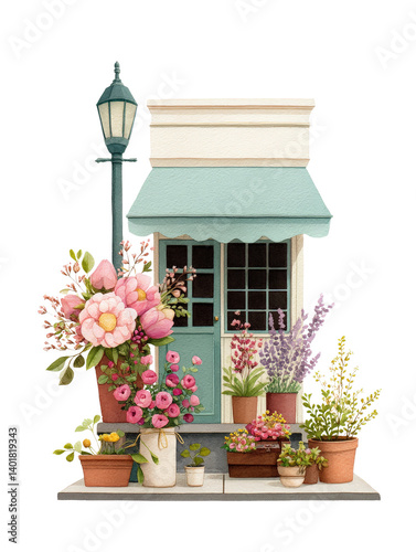 Floral shop with colorful flowers, white background