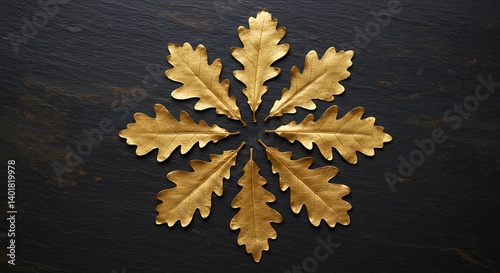 Golden oak leaves arranged symmetrically on a dark textured surface aesthetic