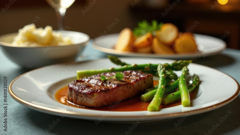 Grilled Steak with Roasted Vegetables and Asparagus, Served on Elegant Dishware, a Refined Culinary Experience Grilled Steak with Roasted Vegetables and Asparagus, Served on Elegant Dishware, a Refined Culinary Experience