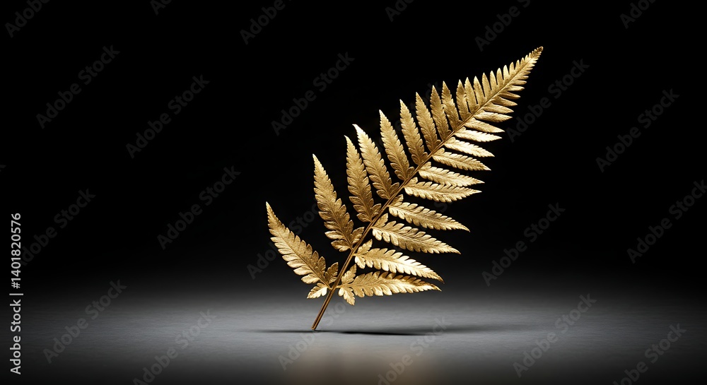 Elegant golden fern leaf against a contrasting dark backdrop with subtle reflection Elegant golden fern leaf against a contrasting dark backdrop with subtle reflection