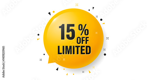 Bright yellow sale sticker promoting a 15% discount with limited availability, set against a clean white background. 