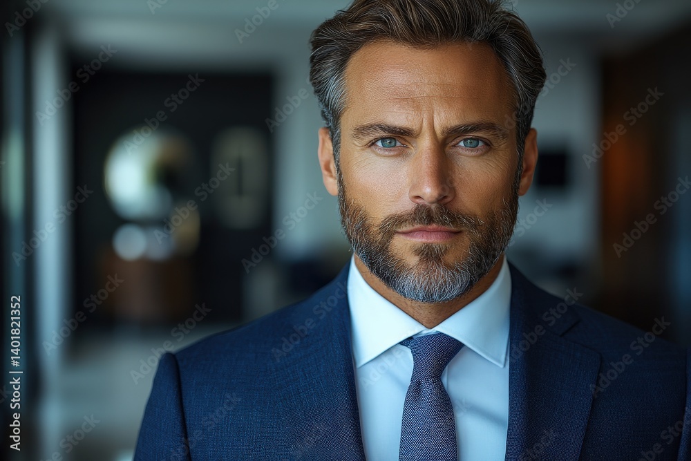 Attractive man in a blue suit, looks directly at the viewer with confidence Attractive man in a blue suit, looks directly at the viewer with confidence