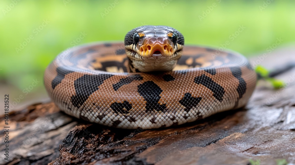Close up of a coiled snake on a log, showcasing its brown and black patterns, small white scales, and open mouth. The background is a soft green, providing a natural setting for the reptile Close up of a coiled snake on a log, showcasing its brown and black patterns, small white scales, and open mouth. The background is a soft green, providing a natural setting for the reptile